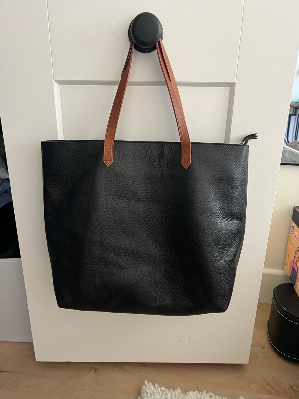 NWT Madewell Black Leather Tote Bag with Brown Handles